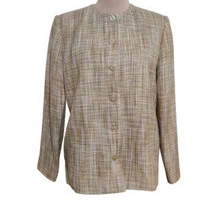 Alfred Dunner Womens Tweed Button Up Blazer Jacket Coat Gold Tan Beige Size 8